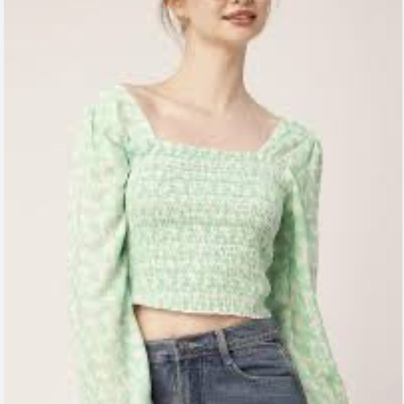 Simons Twik Sustainable Ruched Coquette Daisy Mint Long Sleeve Crop Top Small - Picture 1 of 10
